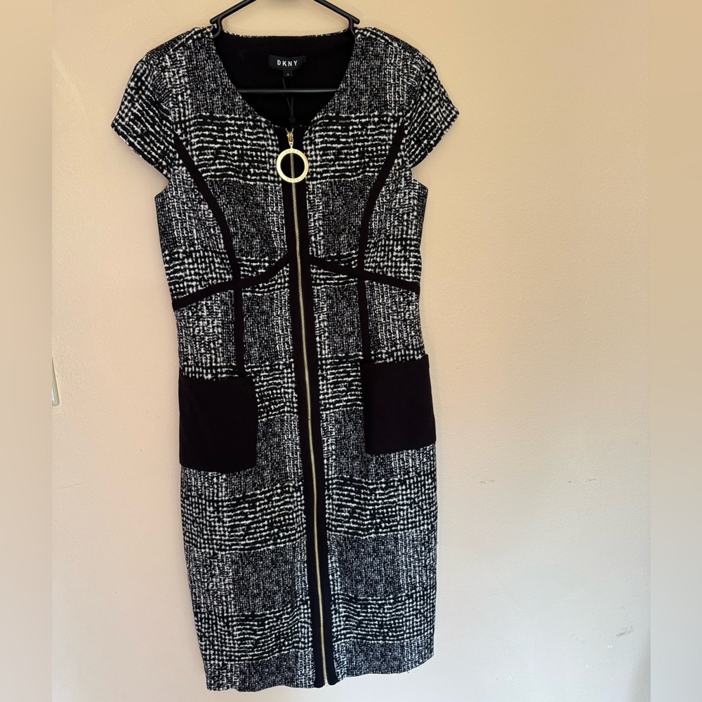 DKNY Black and White Textured Midi Dress